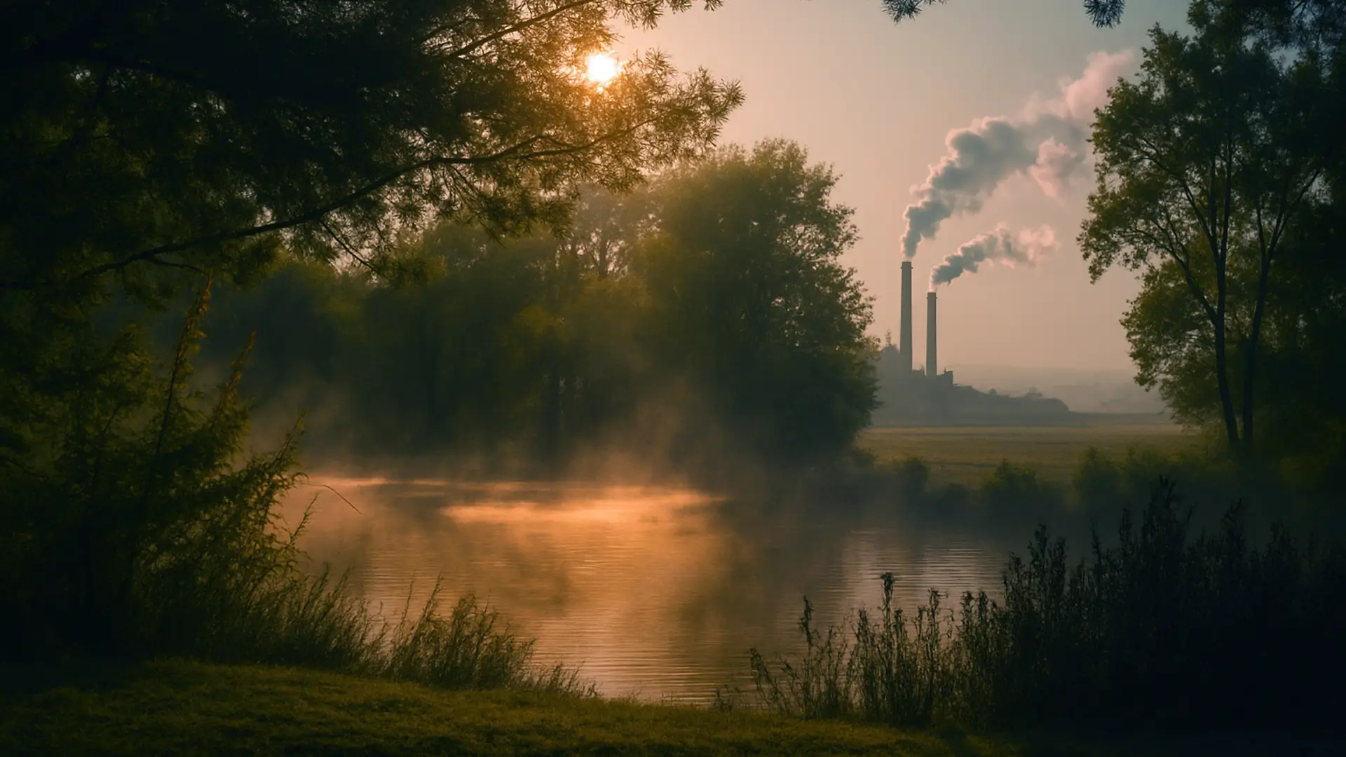 Flußlandschaft mit Industrie im Hintergrund
