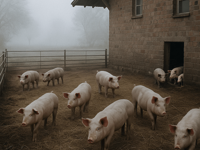 Schweine im Gehege vor einem Stall